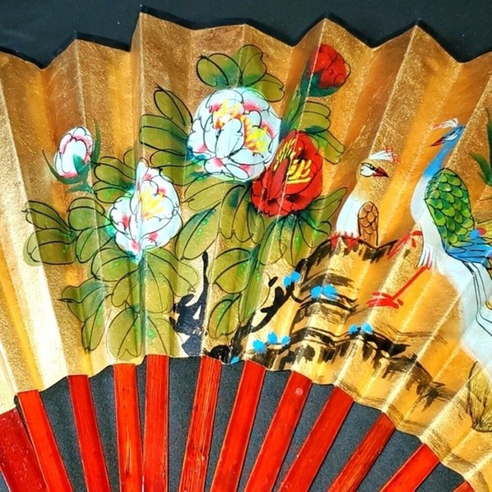 Vintage hand painted gold bird fan retro pinup decor wood glamour home fashion - Picture 3 of 6